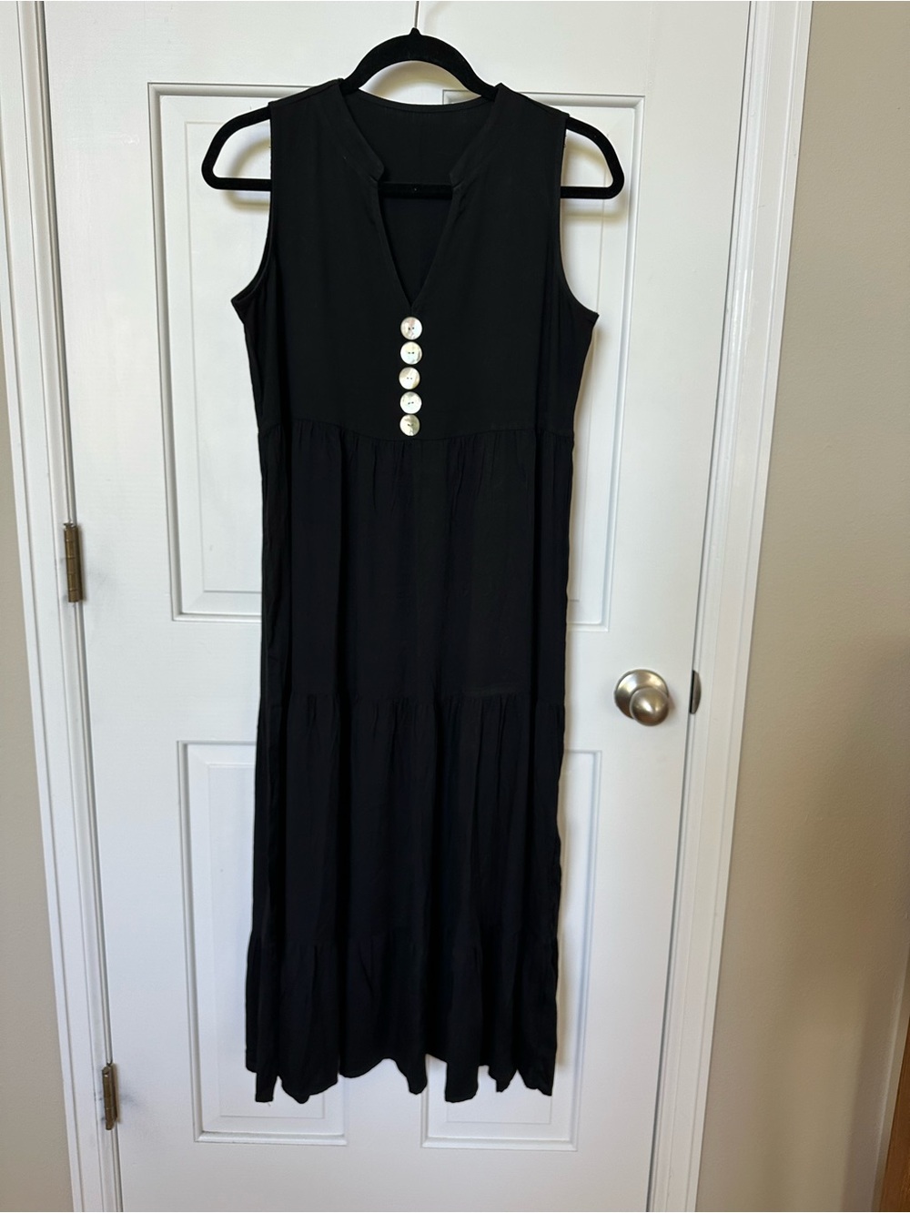 Sleeveless Black Maxi Dress with Button Detail